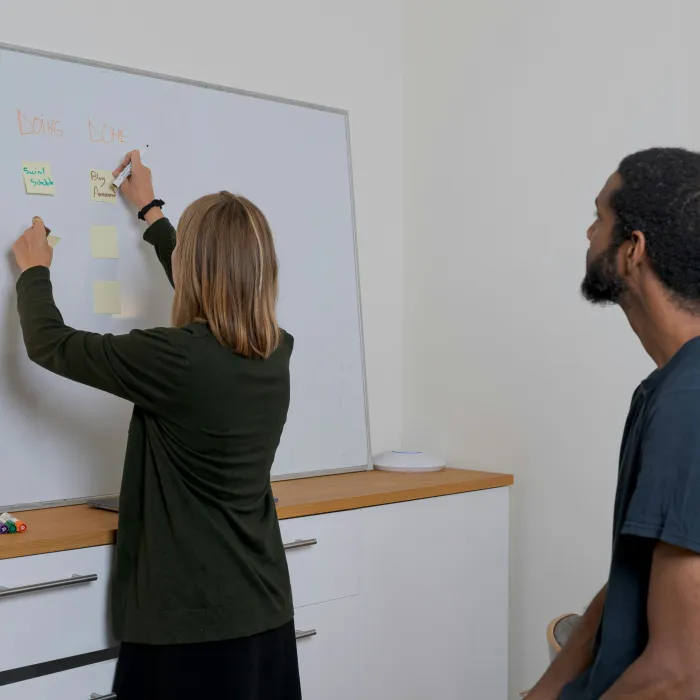 Das Team des Produktmanagement in ihrem Hamburger Büro am White Board